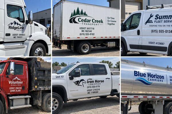 Fleet trucks and vans with company lettering and USDOT numbers