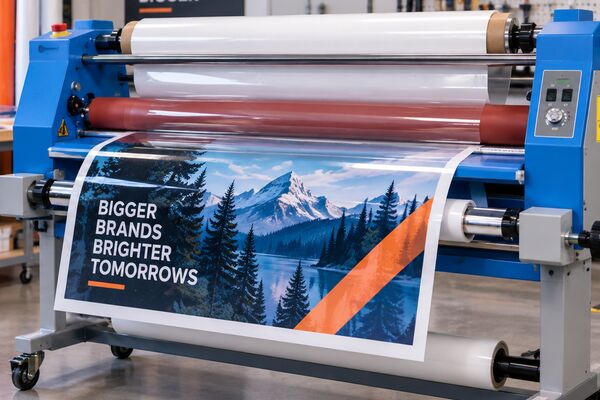 Wide-format laminator applying protective film to a large print