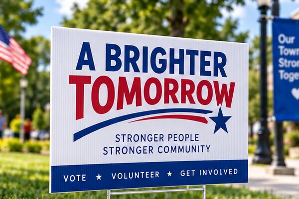 Printed civic yard sign encouraging residents to vote and volunteer