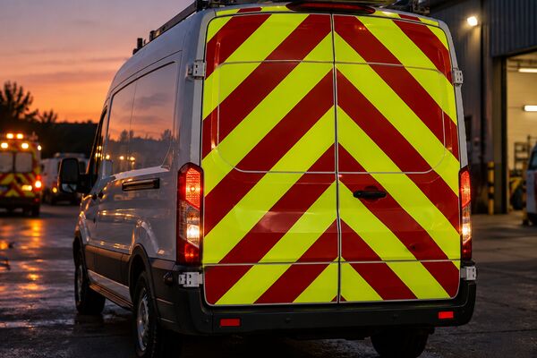 Reflective chevron striping kit on the rear of a service van