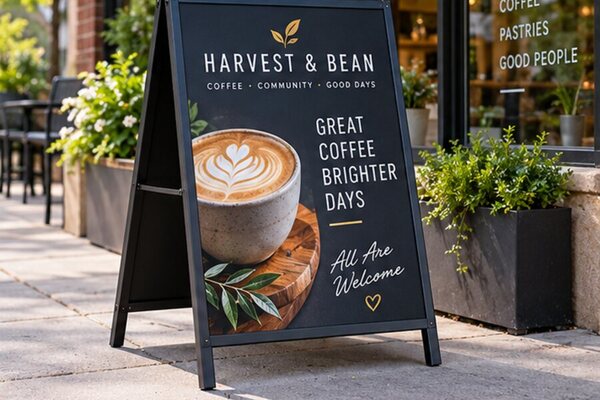 A-frame sandwich board outside a coffee shop