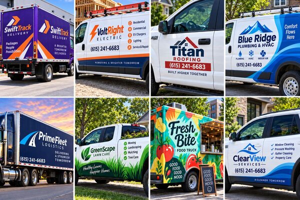 Lettered company vans, trucks, and a food truck