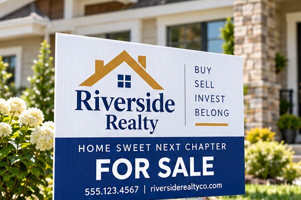 Real estate For Sale yard sign in a front lawn