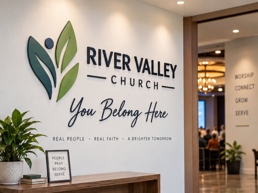Dimensional church logo and lettering on a lobby welcome wall