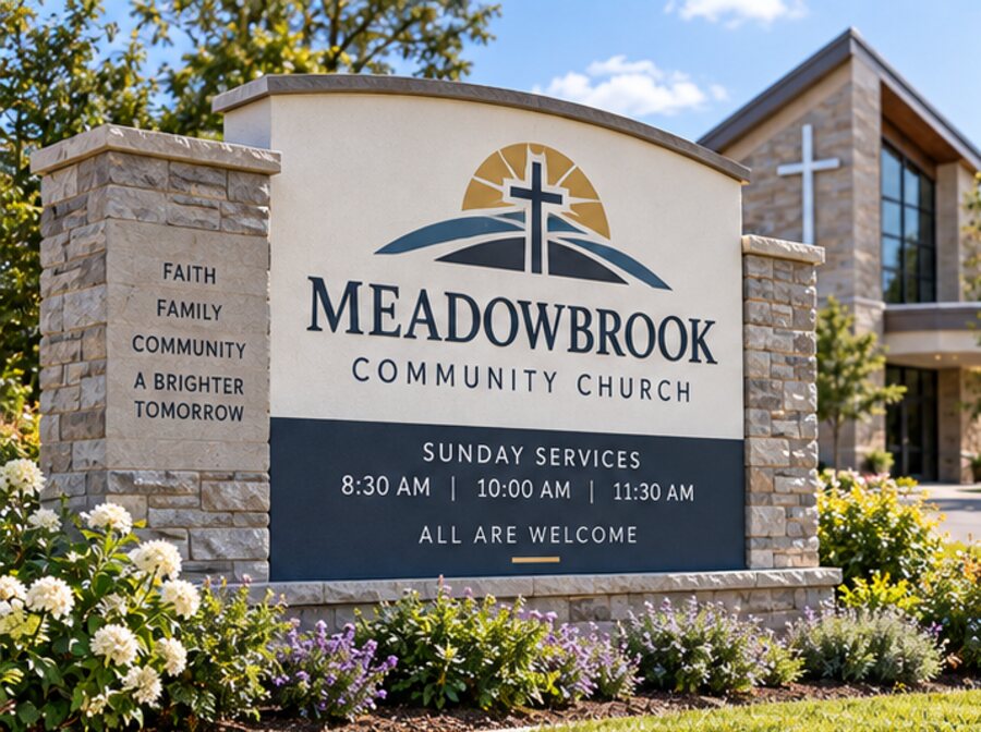 Church monument sign on a masonry base with Sunday service times