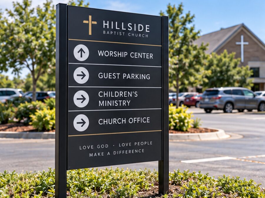 Post-mounted church wayfinding sign pointing to worship center, parking, children's ministry, and office