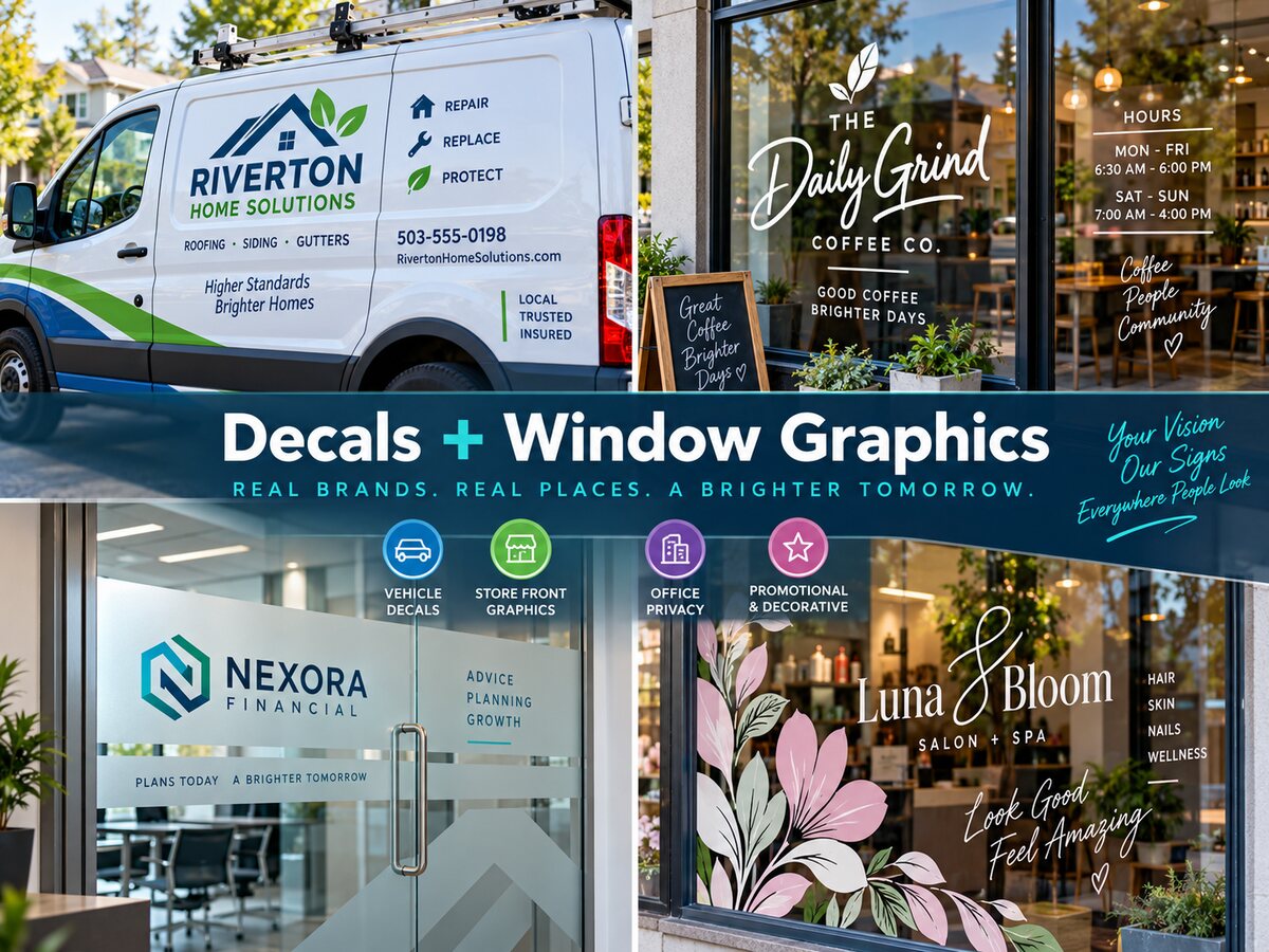 Vehicle decals, storefront window graphics, frosted office privacy film, and decorative window graphics