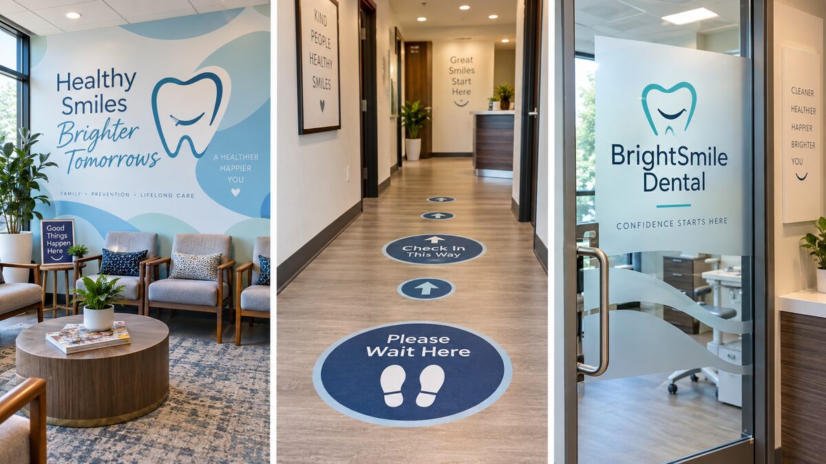 Dental office signage: lobby wall graphic, floor wayfinding decals, and frosted door vinyl