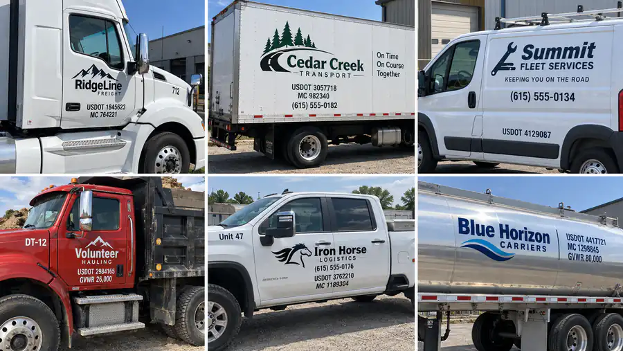 USDOT numbers, MC numbers and company name lettering on a semi tractor, box truck, cargo van, dump truck, pickup and tanker trailer
