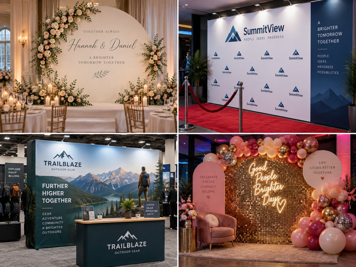 Event backdrops: a floral wedding backdrop, a step-and-repeat press wall, a trade show booth, and a sequin party backdrop