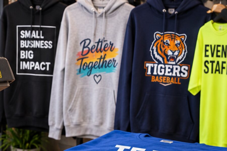 Custom printed hoodies and shirts on a rack in the apparel shop