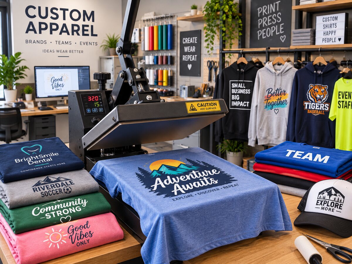 Heat press applying a custom design to a shirt, with branded shirts, hoodies, and hats