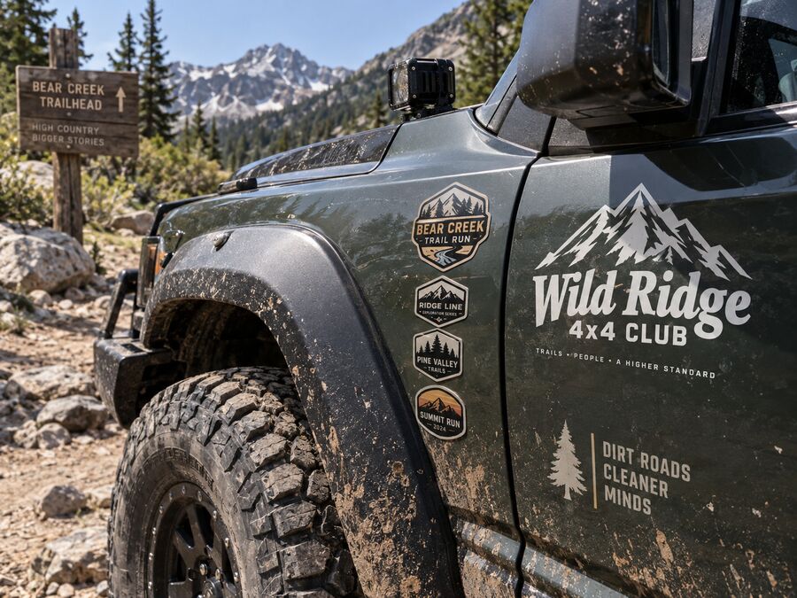4x4 club door logo and commemorative trail-run badges on a muddy truck at a trailhead