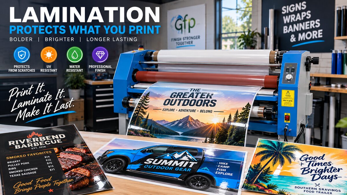 Laminator applying a clear protective film to a large printed poster, with laminated menus and prints