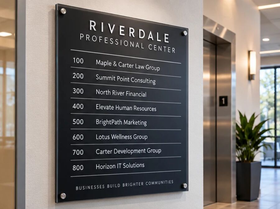 Building directory sign listing tenants by suite number beside an elevator