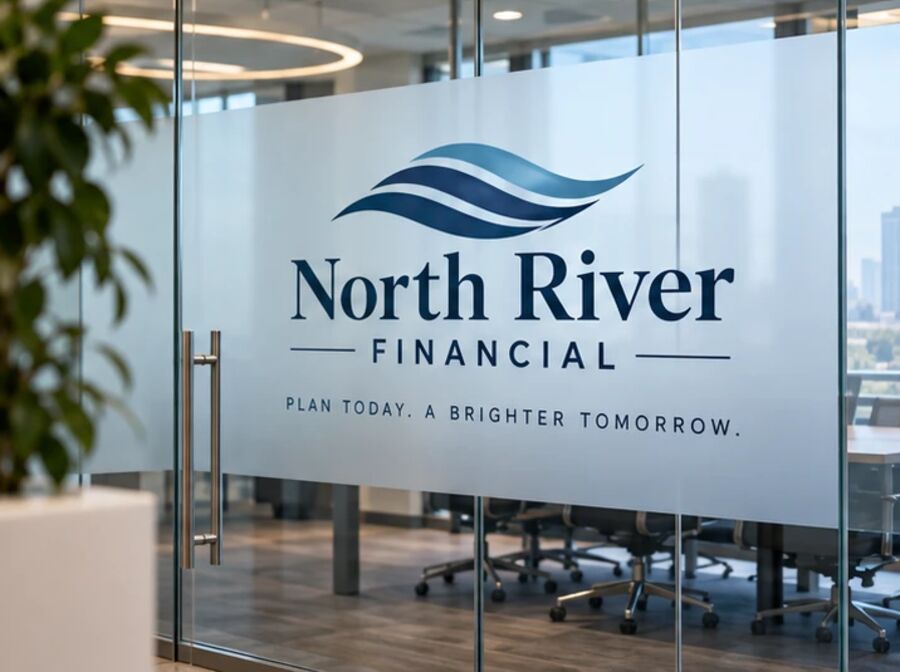Frosted glass door graphic with a financial firm's logo on a conference room entrance