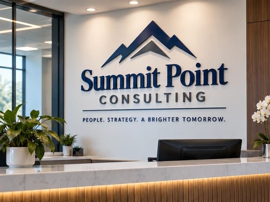 Dimensional company logo and tagline on a reception wall behind a front desk