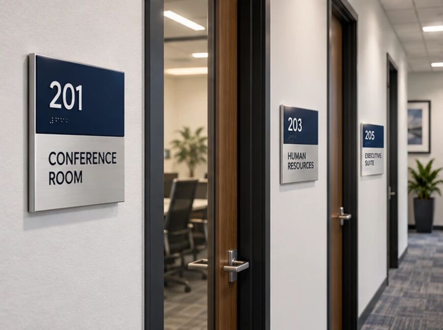 Room number signs with braille and conference room name plates along an office hallway