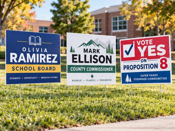 Yard signs for school board and county commission candidates and a Vote Yes ballot measure
