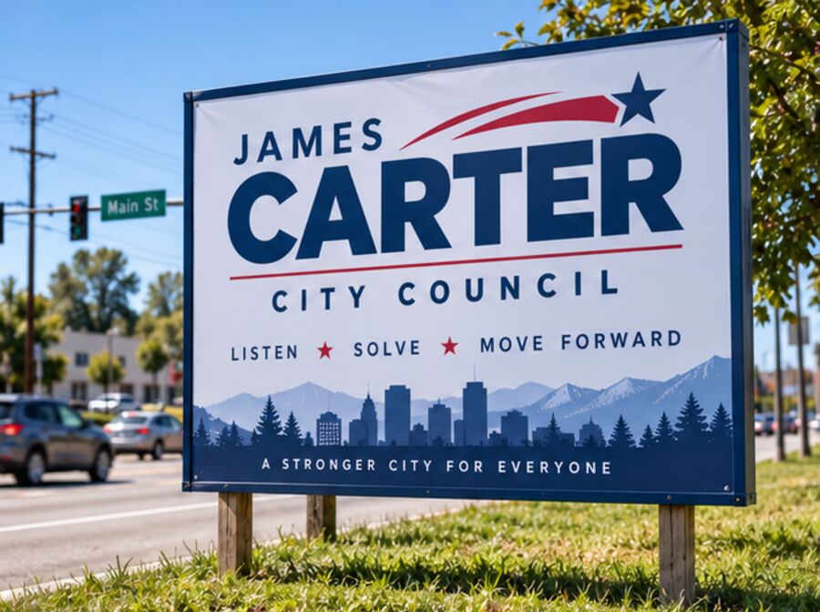 City council campaign sign on posts beside a main street