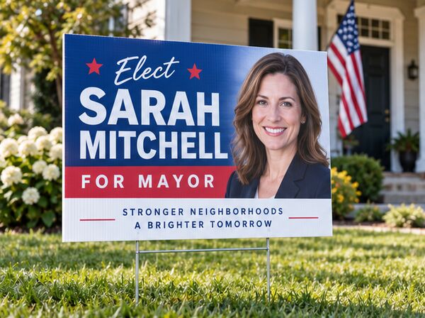 Candidate yard sign for a mayoral campaign with the candidate's photo