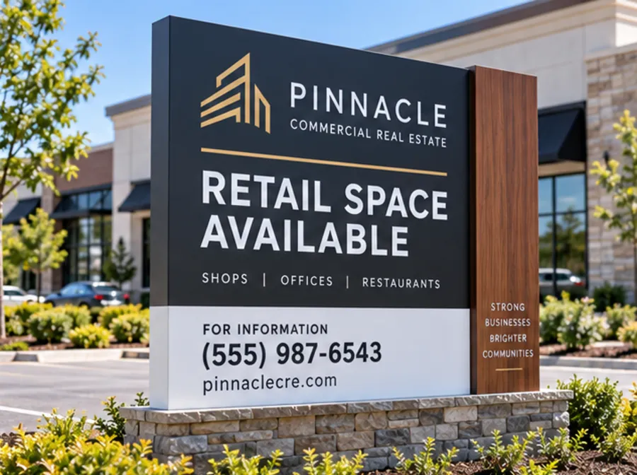 Commercial real estate monument sign advertising retail space available