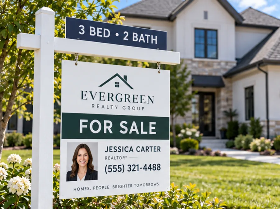Real estate For Sale sign on a white post with an agent rider and bed/bath topper
