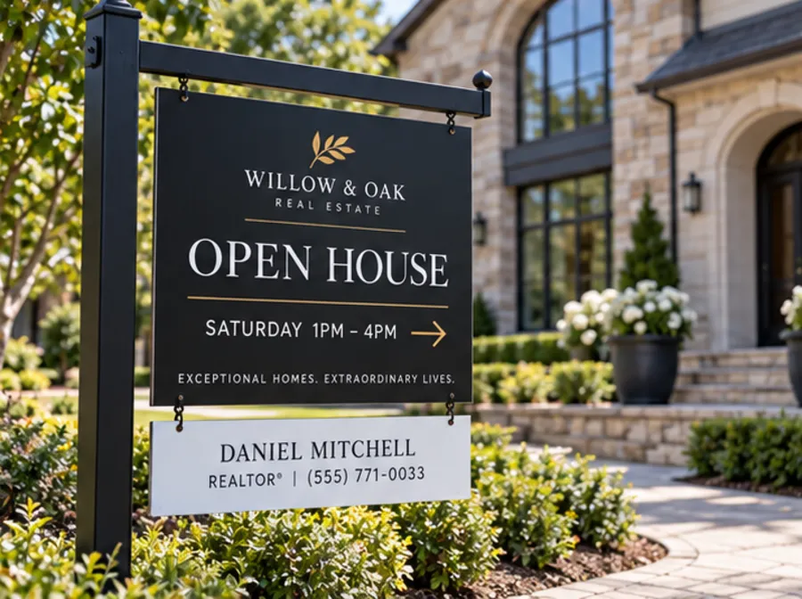 Open House hanging sign on a black post with an agent name rider