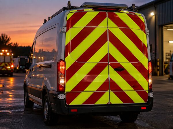 Red and fluorescent yellow reflective chevron kit on the rear doors of a service van