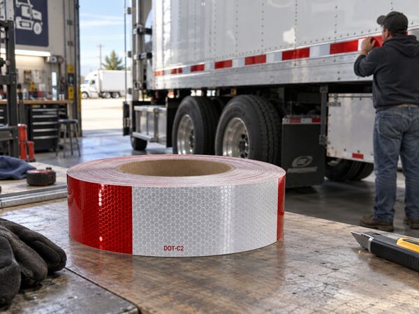 Roll of red and white DOT-C2 reflective conspicuity tape with a trailer being taped in the background