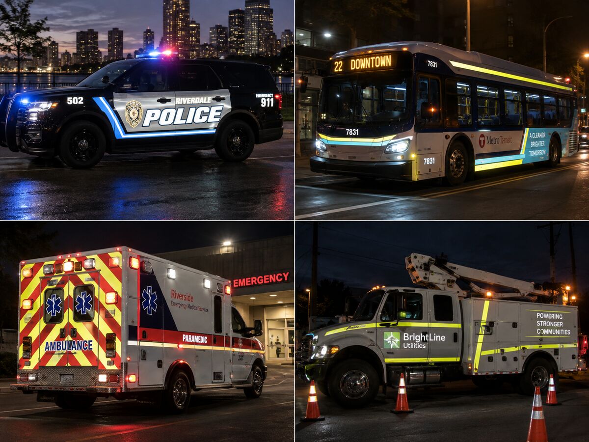 Reflective striping and lettering on a police SUV, transit bus, ambulance and utility bucket truck at night