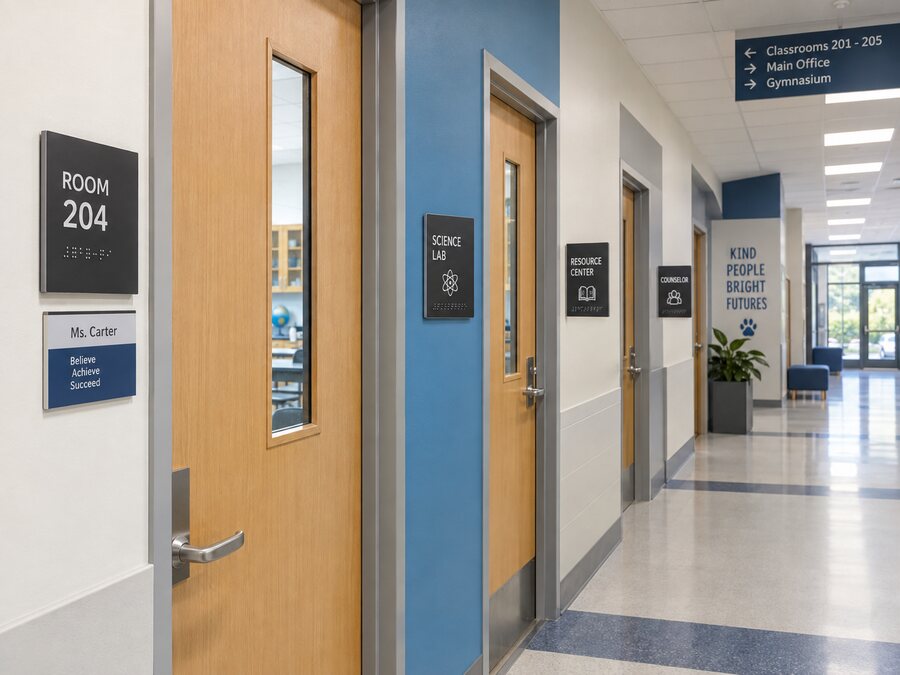 School safety wall with emergency procedure posters, storm shelter route sign, first aid and fire extinguisher signs