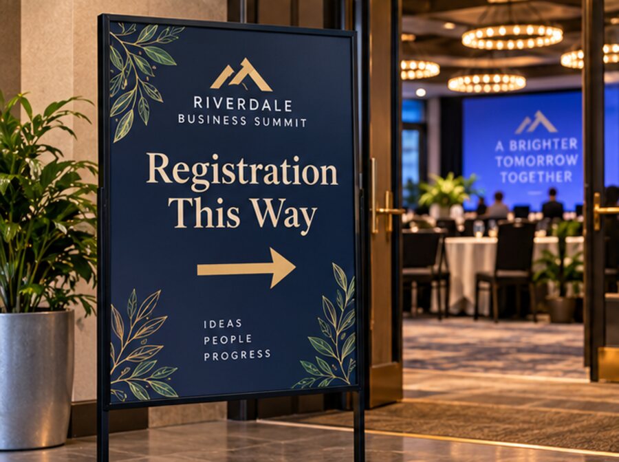 Directional event signage guiding guests to registration at a venue entrance