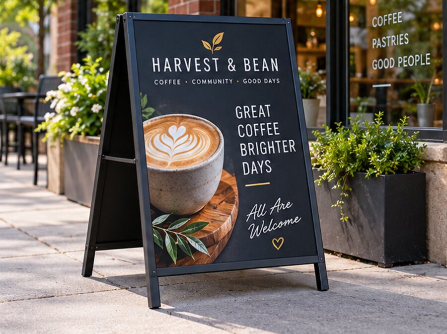 Custom A-frame sandwich board on a sidewalk outside a coffee shop
