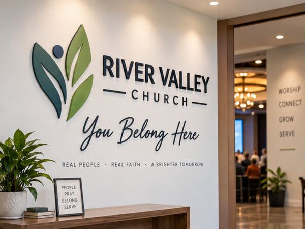 Church lobby with a dimensional logo wall sign and wayfinding