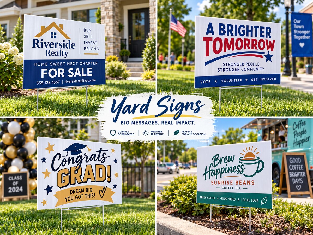Yard signs for real estate, political campaigns, graduations, and local businesses