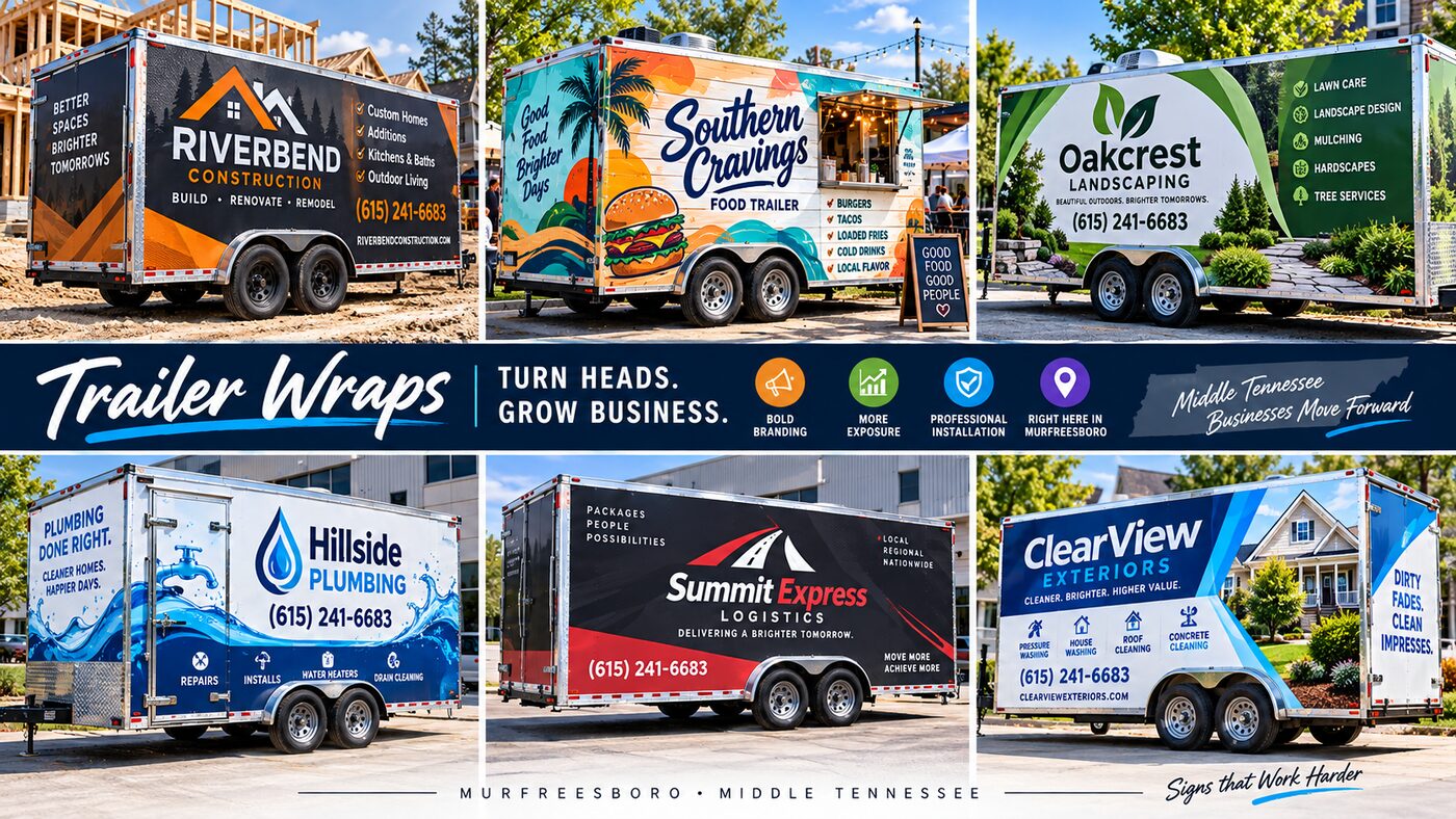 Custom trailer wraps in Murfreesboro TN for construction, food, landscaping, plumbing, logistics and exterior cleaning trailers