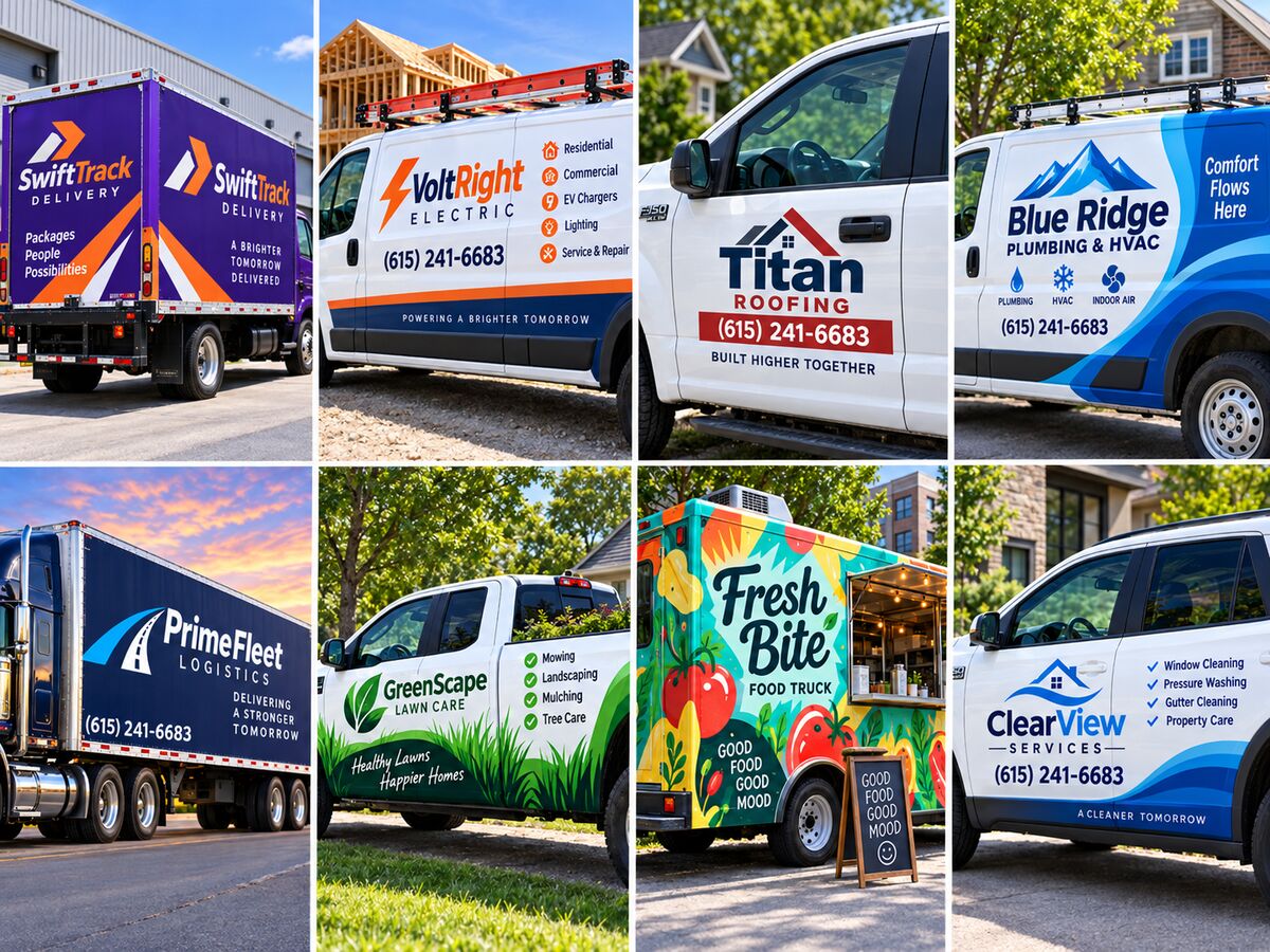 Custom vehicle decals and fleet lettering in Murfreesboro TN on box trucks, electrician and HVAC vans, roofing and lawn care pickups, a semi trailer and a food truck